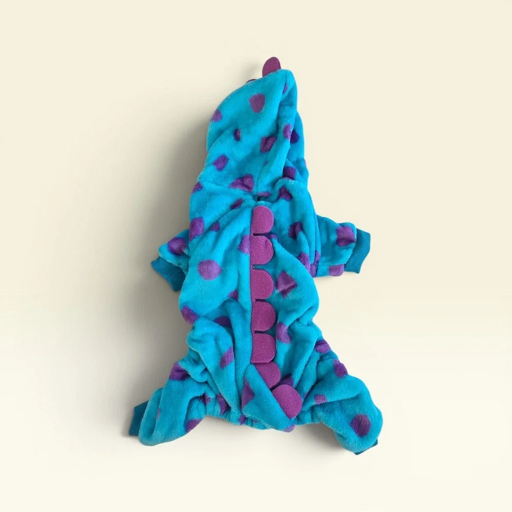 Blue Purple Spotted Dinosaur Pet Pajamas Fleece Dog Jumpsuit Costume Hoodie